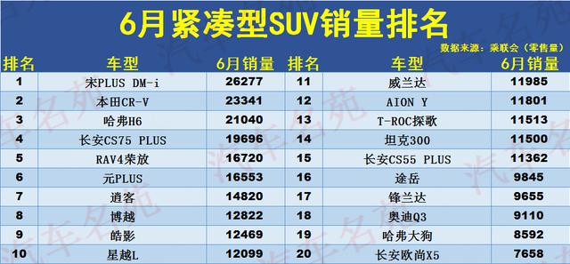 6月汽车销量排行榜suv完整版-6月份汽车销量排行